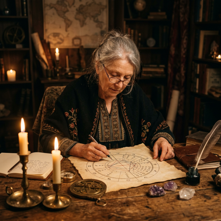 Older woman drawing lines on an astrological zodiac chart at a wooden table with candles, crystals, and books